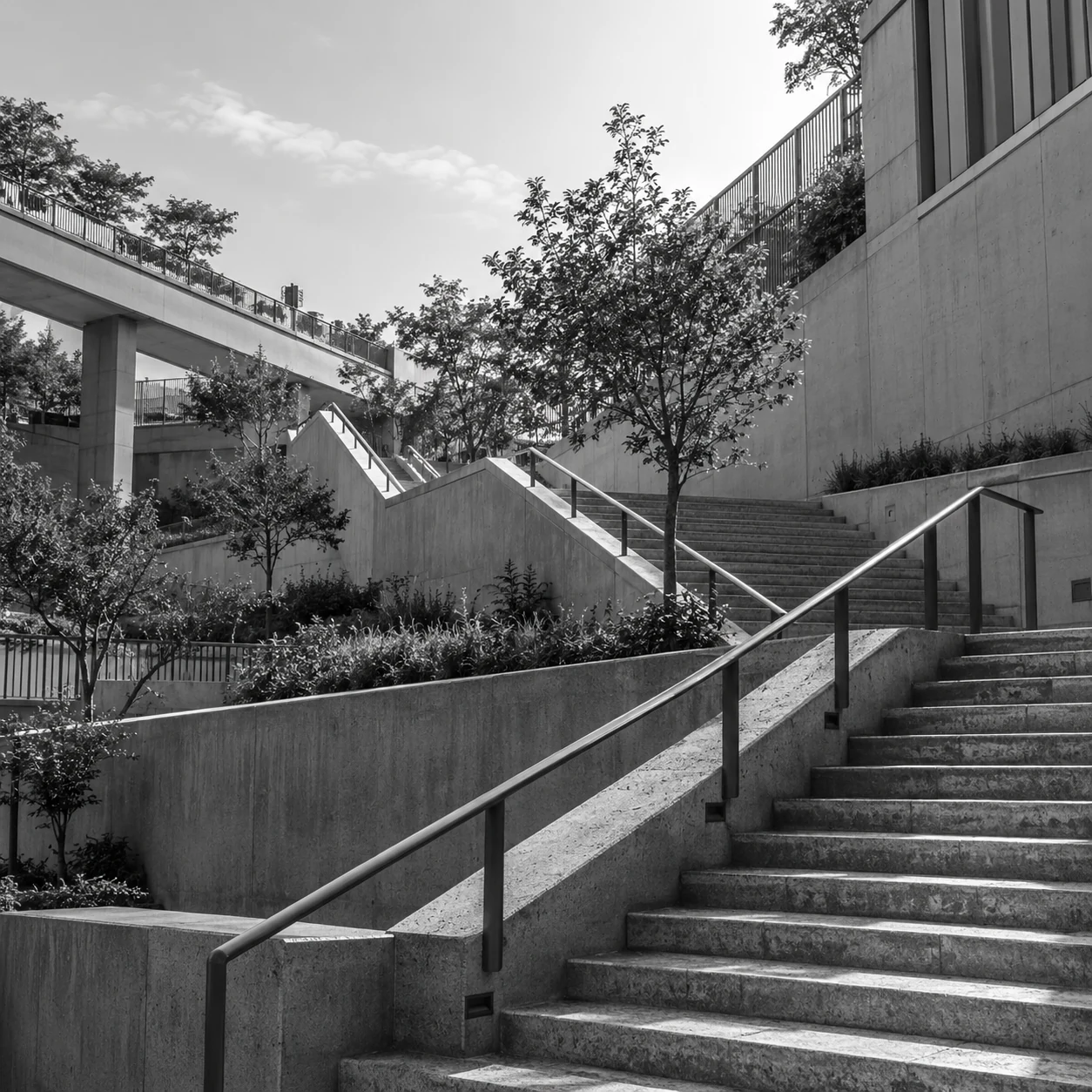 Percursos e patamares de uma estrutura urbana, vistos em perspectiva.